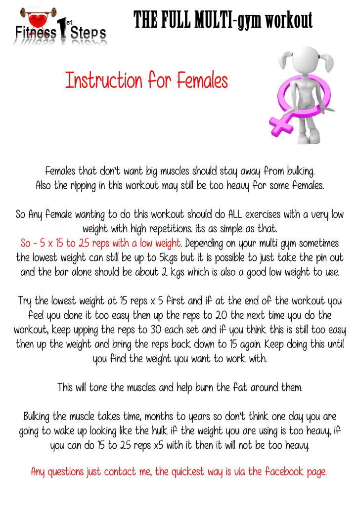The Full Multi Gym workout sheet instruction for ladies